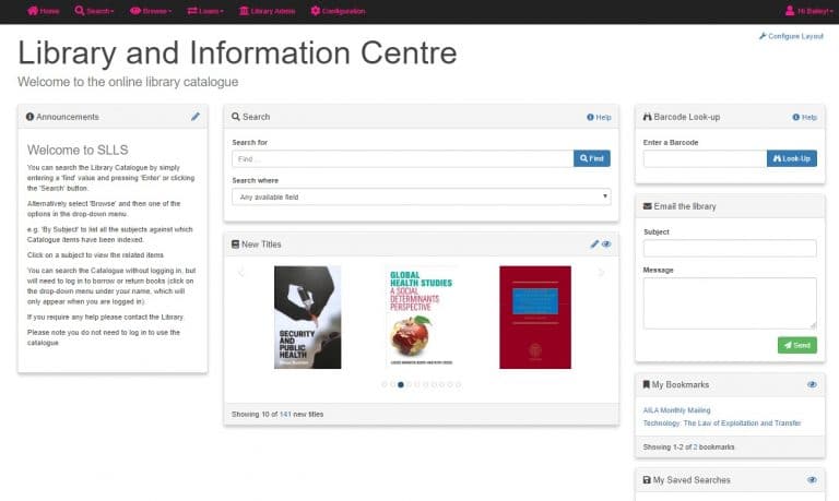 Screenshot of Simple Little Library System OPAC dashboard